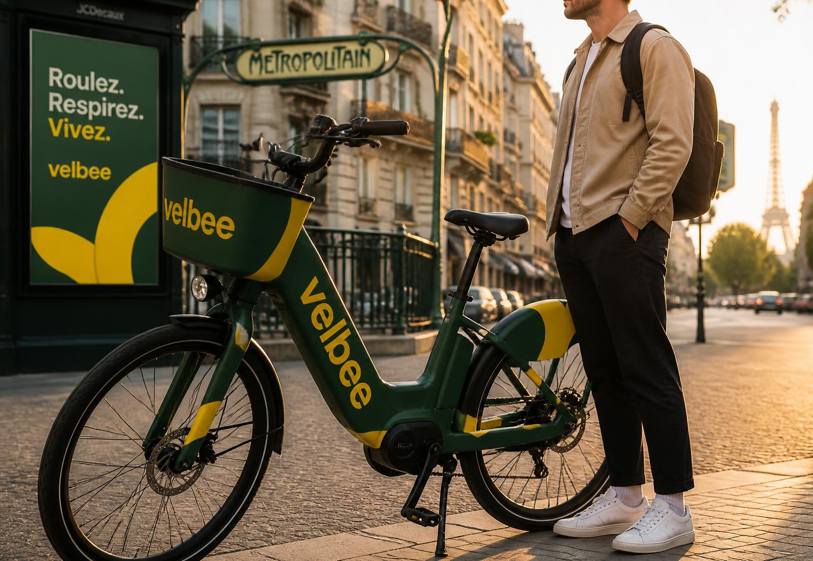 Vélo électrique habillé d'un covering publicitaire dans une rue parisienne